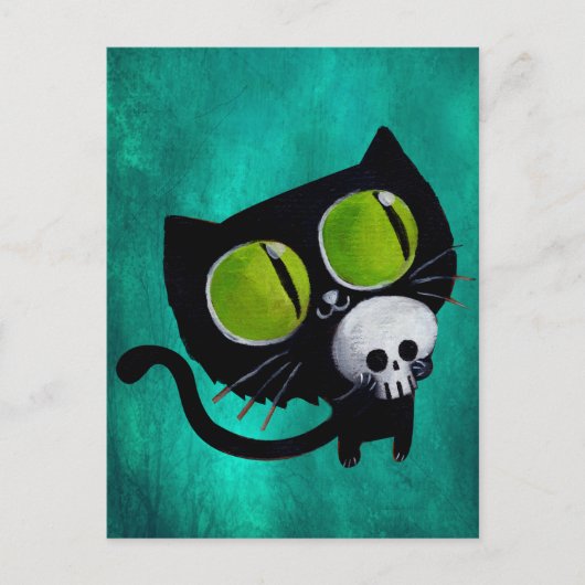 Black Halloween Cat met schedel Briefkaart (Voorkant)