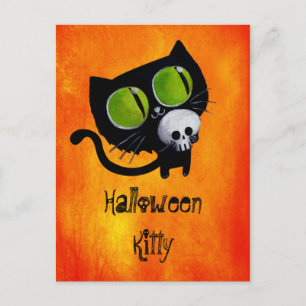 Black Halloween Cat met schedel Briefkaart