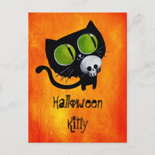 Black Halloween Cat met schedel Briefkaart (Voorkant)