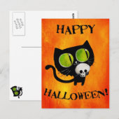 Black Halloween Cat met schedel Briefkaart (Voorkant / Achterkant)