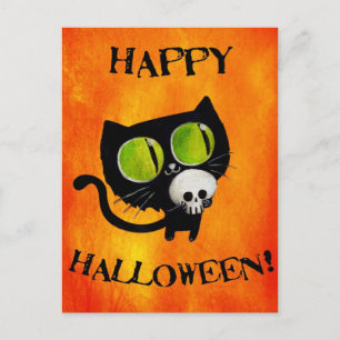 Black Halloween Cat met schedel Briefkaart
