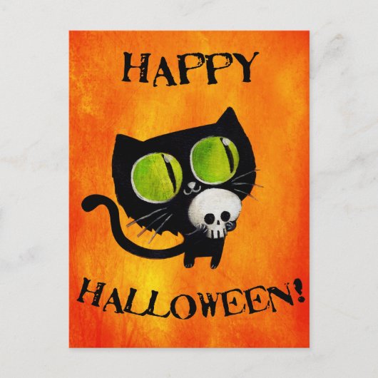 Black Halloween Cat met schedel Briefkaart (Voorkant)