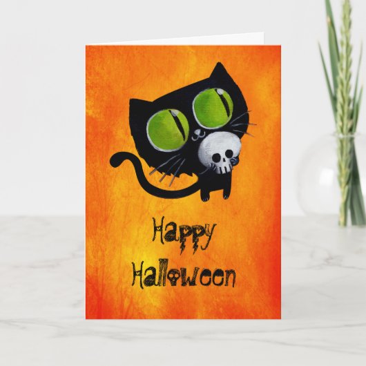 Black Halloween Cat met schedel Kaart (Voorkant)