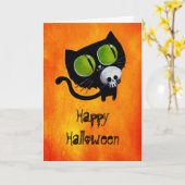 Black Halloween Cat met schedel Kaart (Gele Bloem)