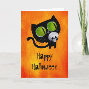 Black Halloween Cat met schedel Kaart