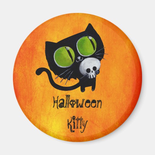 Black Halloween Cat met schedel Magneet (Voorkant)