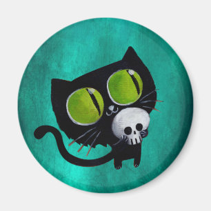 Black Halloween Cat met schedel Magneet