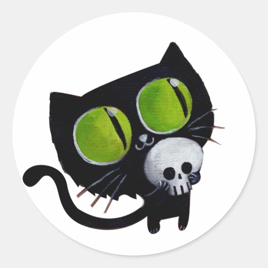 Black Halloween Cat met schedel Ronde Sticker (Voorkant)