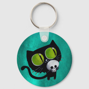 Black Halloween Cat met schedel Sleutelhanger