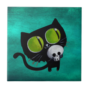 Black Halloween Cat met schedel Tegeltje
