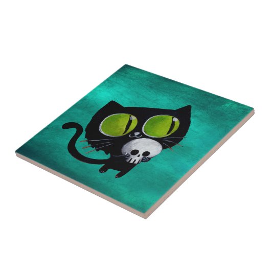 Black Halloween Cat met schedel Tegeltje (Zijkant)