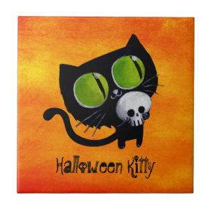 Black Halloween Cat met schedel Tegeltje
