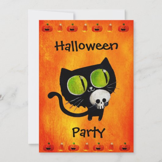 Black Halloween Cat met Skull Party Invitation Kaart (Voorkant)