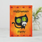 Black Halloween Cat met Skull Party Invitation Kaart (Staand voorkant)