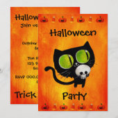 Black Halloween Cat met Skull Party Invitation Kaart (Voorkant / Achterkant)