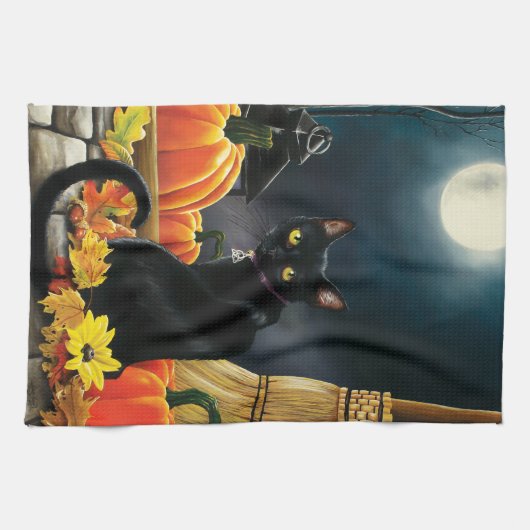 Black Halloween Cat Theedoek (Horizontaal)