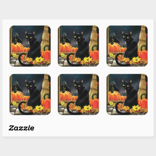 Black Halloween Cat Vierkante Sticker (Vel)