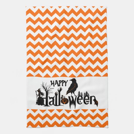 Black Halloween Crow Illustratie Orang Chevron Theedoek (Verticaal)