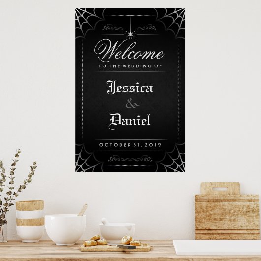 Black Halloween Spider & Web Welcome to Wedding Poster (Keuken)