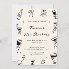 Black Hand Drawn Adult Birthday Party  Kaart