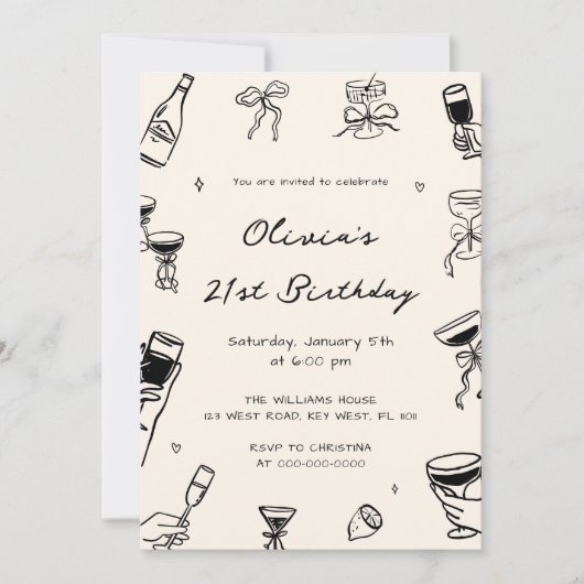 Black Hand Drawn Adult Birthday Party  Kaart (Voorkant)
