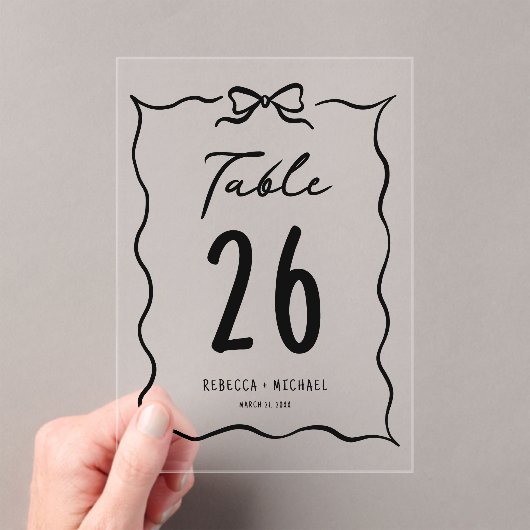 Black Hand Drawn Bow Wedding Acrylic Table Number Acryl Uitnodigingen (Insitu (Draagbaar))