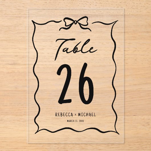 Black Hand Drawn Bow Wedding Acrylic Table Number Acryl Uitnodigingen (Voorkant)