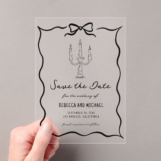 Black Hand Drawn Bow Wedding Save the Date Acryl Uitnodigingen (Insitu (Draagbaar))