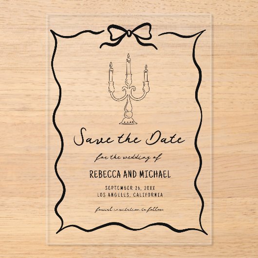 Black Hand Drawn Bow Wedding Save the Date Acryl Uitnodigingen (Voorkant)