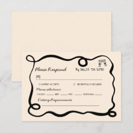 Black hand drawn champagne whimsical wedding RSVP kaartje
