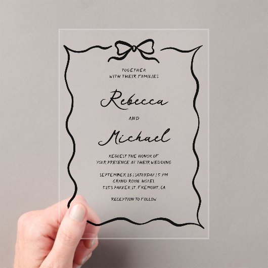 Black Hand Drawn Coquette Bow Wedding Acryl Uitnodigingen (Insitu (Draagbaar))
