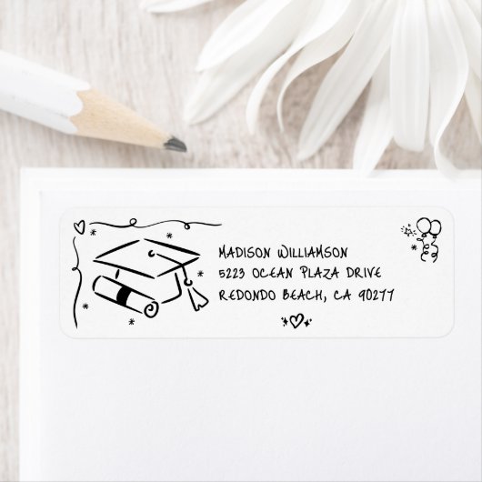Black Hand Drawn Doodle Graduate Cap White Address Etiket (Insitu)