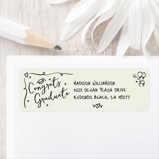Black Hand Drawn Doodle Graduation Cream Address Etiket (Insitu)