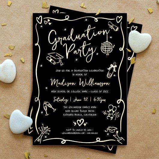 Black Hand Drawn Doodle Graduation Party Real Gold Folie Uitnodiging