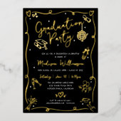 Black Hand Drawn Doodle Graduation Party Real Gold Folie Uitnodiging (Voorkant)