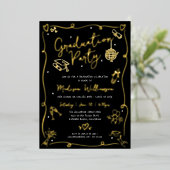 Black Hand Drawn Doodle Graduation Party Real Gold Folie Uitnodiging (Staand Voorkant)