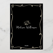 Black Hand Drawn Doodle Graduation Party Real Gold Folie Uitnodiging (Achterkant)
