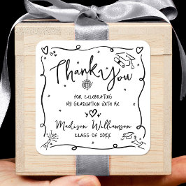 Black Hand Drawn Doodle Graduation Thank You White Vierkante Sticker