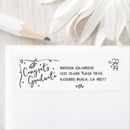 Black Hand Drawn Doodle Graduation White Address Etiket