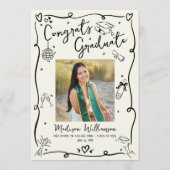 Black Hand Drawn Doodles Graduation 4 Photo Cream Aankondiging (Voorkant)