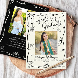 Black Hand Drawn Doodles Graduation 4 Photo Cream Aankondiging
