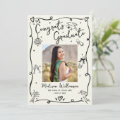 Black Hand Drawn Doodles Graduation Photo Cream Aankondiging (Staand voorkant)