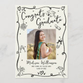 Black Hand Drawn Doodles Graduation Photo Cream Aankondiging (Voorkant)