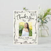 Black Hand Drawn Doodles Photo Graduation Cream Bedankkaart (Staand voorkant)