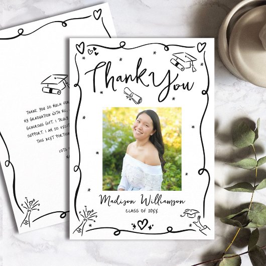  Black Hand Drawn Doodles Photo Graduation White Bedankkaart