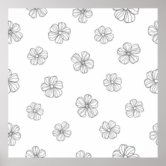 Black hand drawn flowers on white background. Seam Poster (Voorkant)