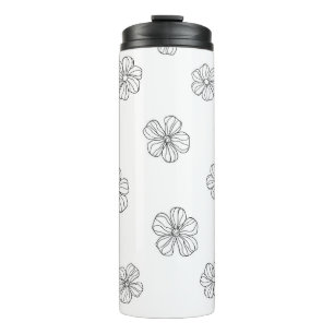 Black hand drawn flowers on white background. Seam Thermosbeker