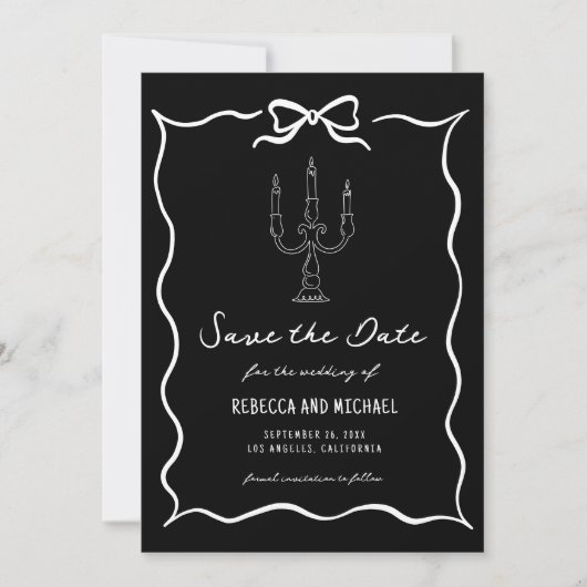 Black Hand Drawn White Bow Photo Wedding Save The Date (Voorkant)