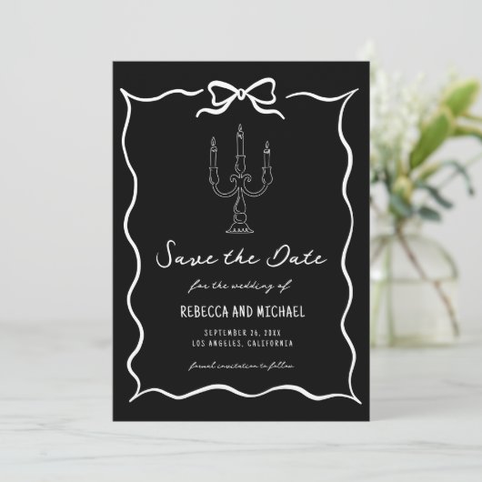 Black Hand Drawn White Bow Photo Wedding Save The Date (Staand voorkant)