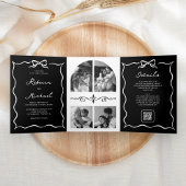 Black Hand Drawn White Bow QR Code Photo Wedding Drieluik Uitnodiging